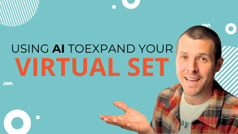 Bright background with black and orange lettering in title, reading "Using AI to Expand Your Virtual Set" with a picture of Shaun Parker to the right, looking in camera, and having his hand out.